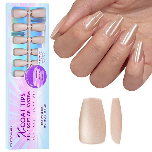BTArtboxnails Cat Eye XCOATTIPS - Soft Gel Almond Nail Tips, Glitter Press On Nails Short, Soak Off Acrylic Fake Nails Glue On Nails In 16 Sizes - 160 Nail Extension Set, Aurora