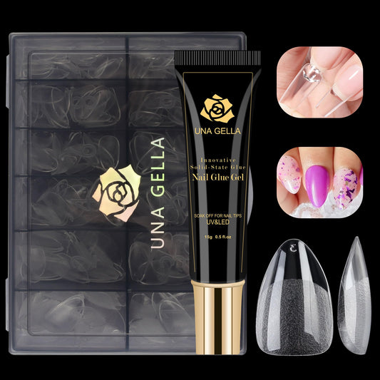 UNA GELLA Gel Nail Kit Nail Extension Kit with Soft Gel Nail Tips Almond Nails Tips 600Pcs with Nail Glue Gel 15ml 1Pcs Innovative DIY Nails Art Home Gelly Tips Acrylic Nail Kit