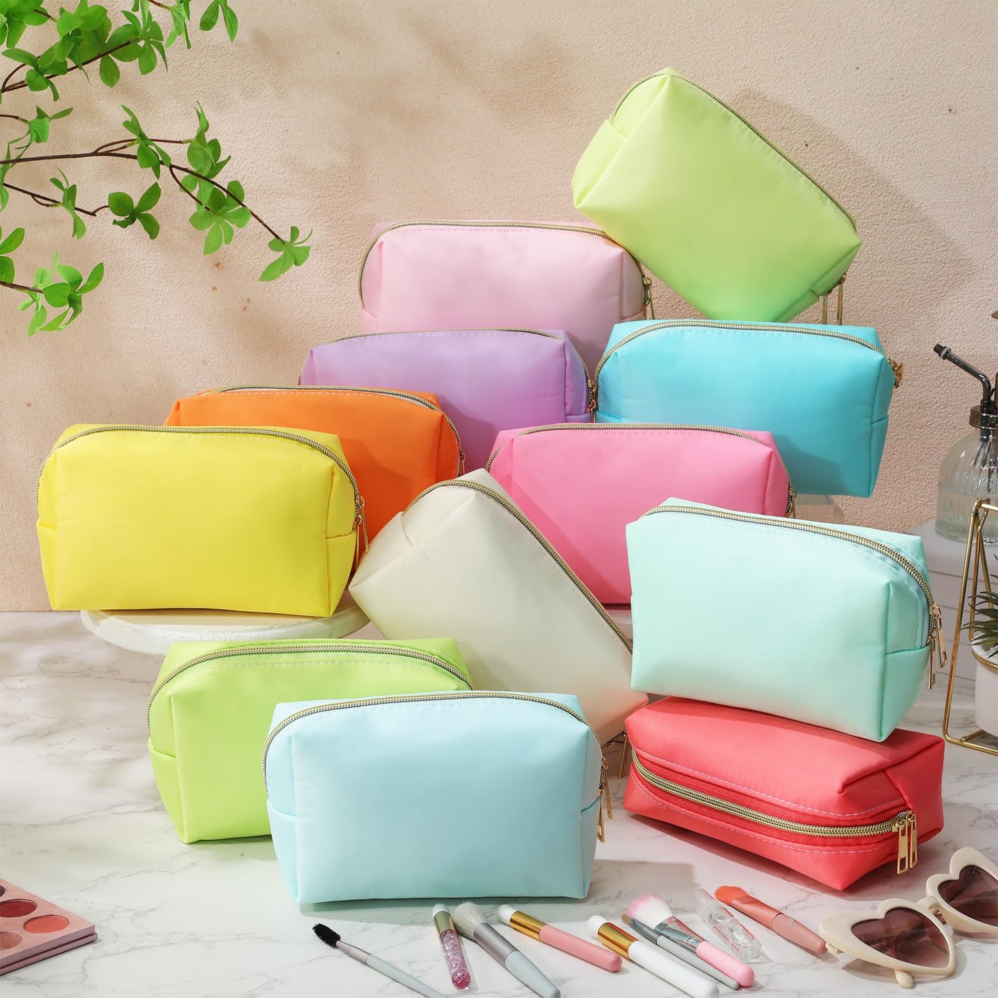 Kigeli 12 Pcs Nylon Makeup Bag Bulk Cosmetic Pouches Preppy Cosmetic Bag for Women Waterproof Travel Zipper Organizer Little Outdoor Accessory Makeup (Nylon, Foam,Macaron)