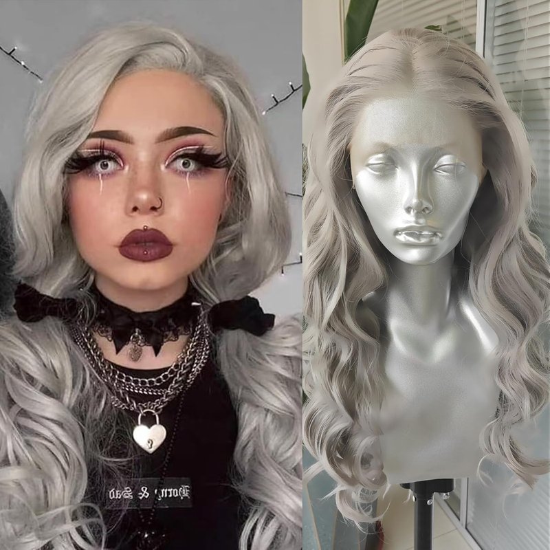Long Body Wave Lace Front Wig - Sliver Grey Natural Wavy Heat Resistant Synthetic Hair | 24 Inch for Women & Girls
