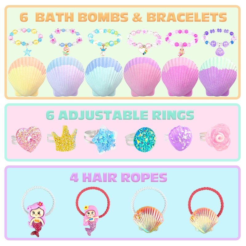 Mermaid Bath Bombs for Kids with Surprise Inside, 6 Pcs Shell Bubble Kids Bath Bombs Kit with Mermaid Toys, Birthday Christmas Jewelry Gifts for Girls Easter Basket Stuffer