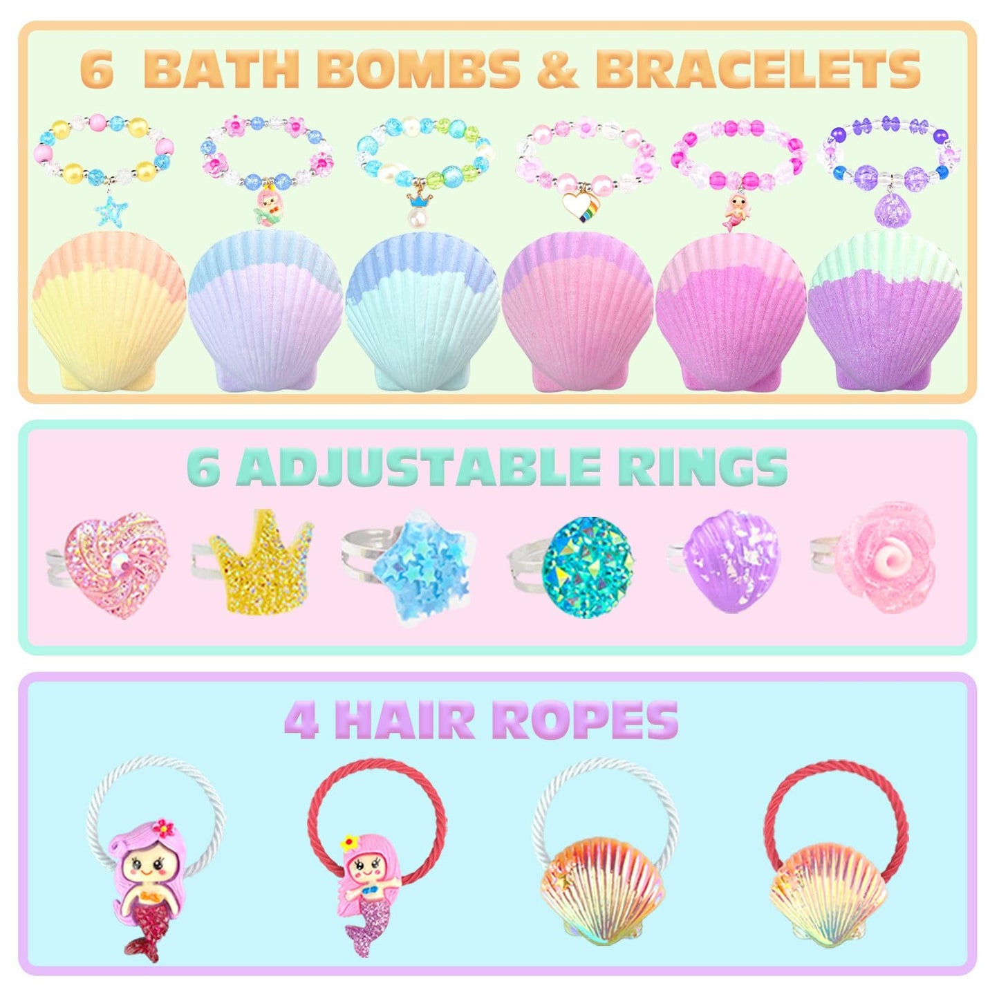 Mermaid Bath Bombs for Kids with Surprise Inside, 6 Pcs Shell Bubble Kids Bath Bombs Kit with Mermaid Toys, Birthday Christmas Jewelry Gifts for Girls Easter Basket Stuffer