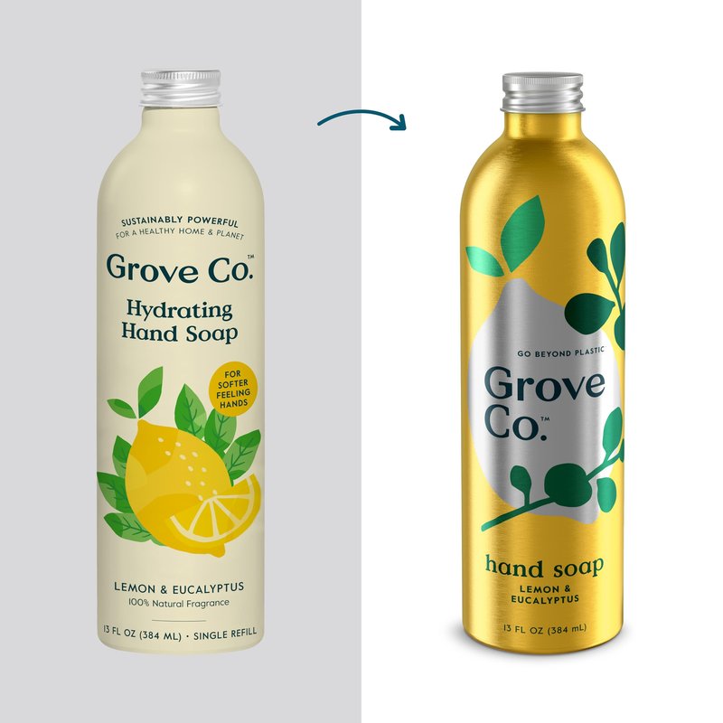 Grove Co. Hydrating Gel Hand Soap Refills (2 x 13 Fl Oz) + 1 x Reusable Glass Soap Dispenser, Refillable Liquid Hand Soap Starter Kit, Natural Lemon & Eucalyptus Fragrance