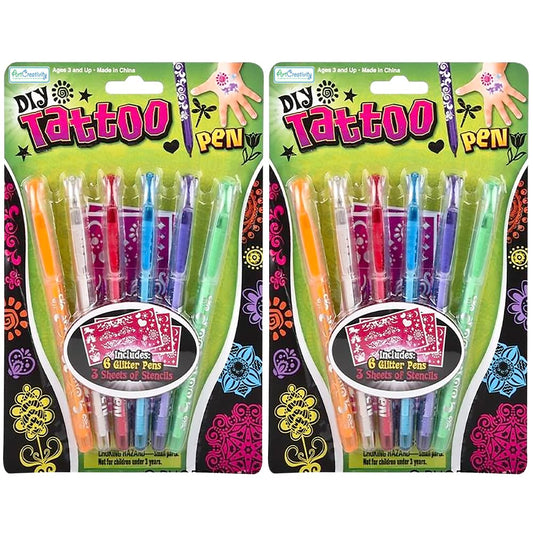 ArtCreativity Shimmery Temporary Tattoo Pens for Kids, 4 Pack, Each Pack with 6 Tattoo Markers & 3 Stencil Stickers, Washable Tattoo Body Ink, Sparkle Girls Fashion Activity, Sparkly Tats Body Art Set