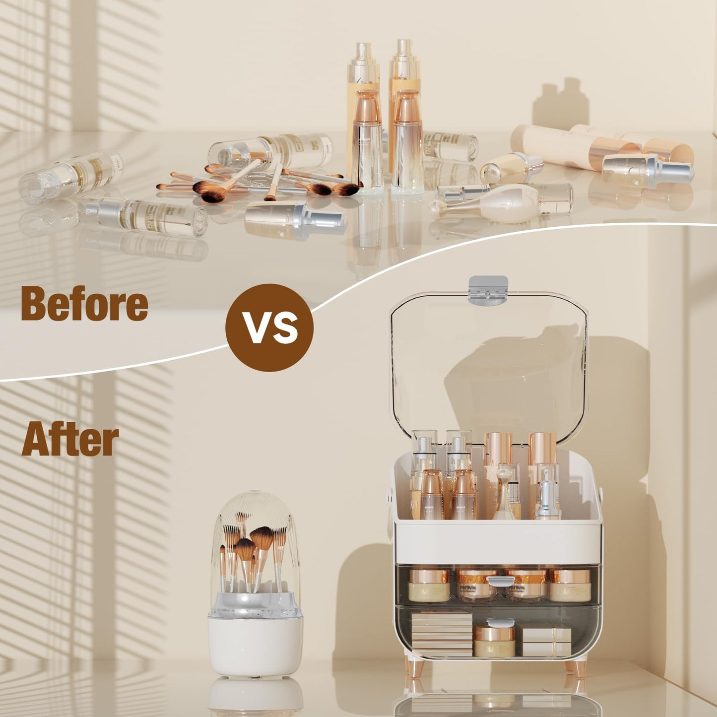 CLBDRESS Makeup Organizer Countertop & 360° Rotating Makeup Brush Holder, Skincare Holder with Lid and Drawers, Storage Box Cosmetic Display Cases, Teen Girl Gifts, Vanity, Bathroom Counter, Silver