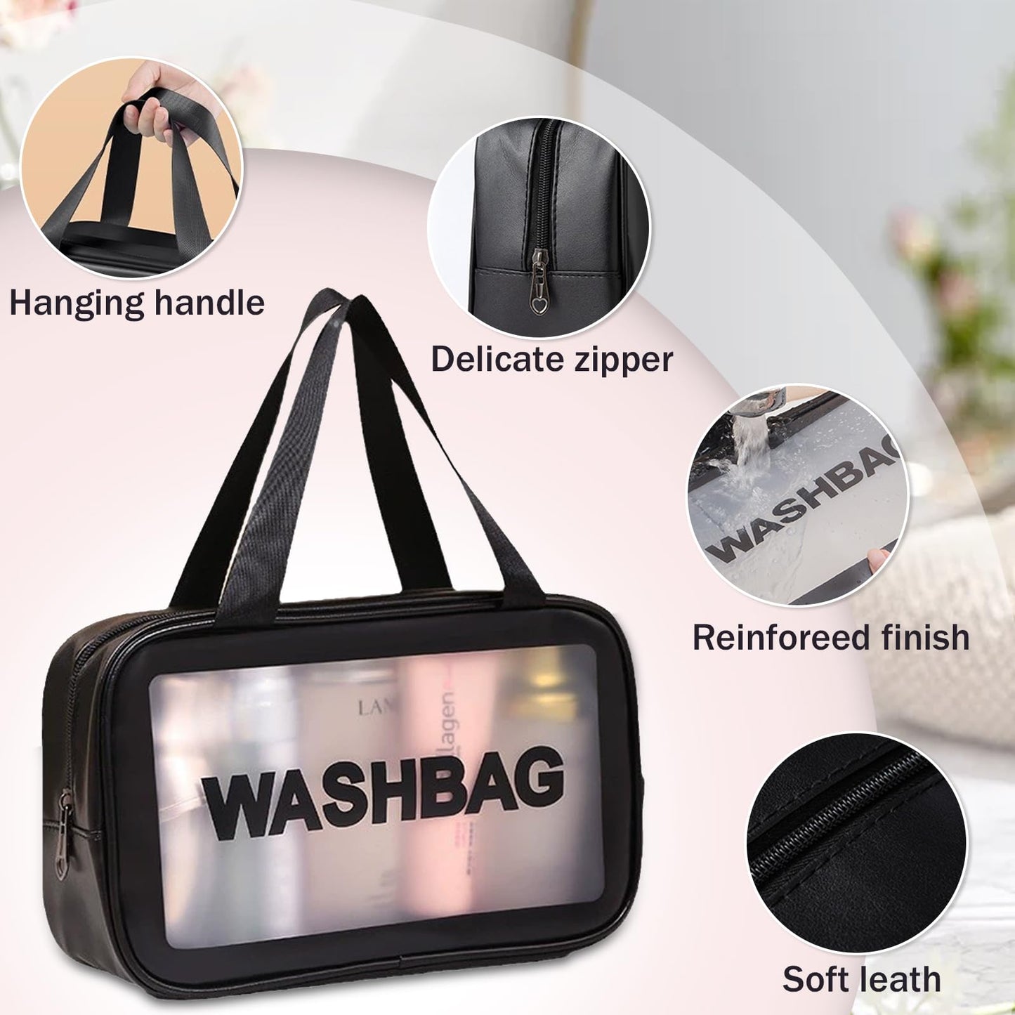 BIRDDIE Clear Travel Bags for Toiletries, 3 Pack Toiletry Bag, Matte Translucent Makeup Bag with Handy Handle, Travel Pouch, Cosmetic Organizer for Travel Essentials (Black)