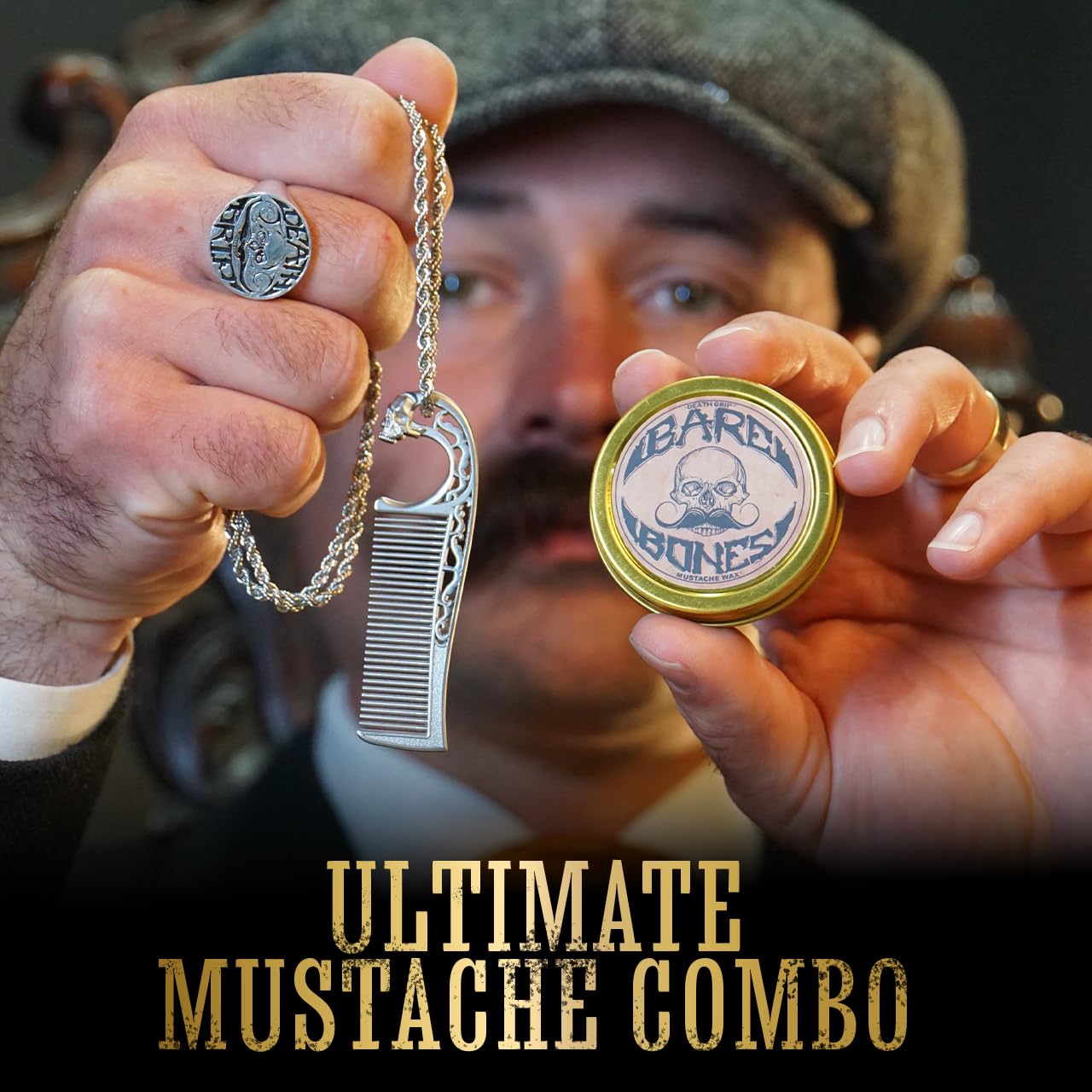 Mustache Wax Medium Hold Bare Bones 1 oz Tin & Necklace Death Grip Mustache Comb Mens Combo Kit - Grooming For Men Handlebar Moustache