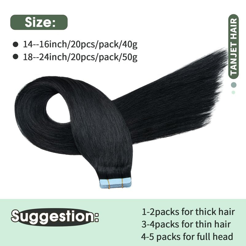 TANJET Tape in Hair Extensions Off Black Tape in Human Hair Extensions 100% Remy Hair Invisible Seamless Skin Weft Human Hair Tape in Extensions (#1B 18 Inch 20pcs 50g/Pack)