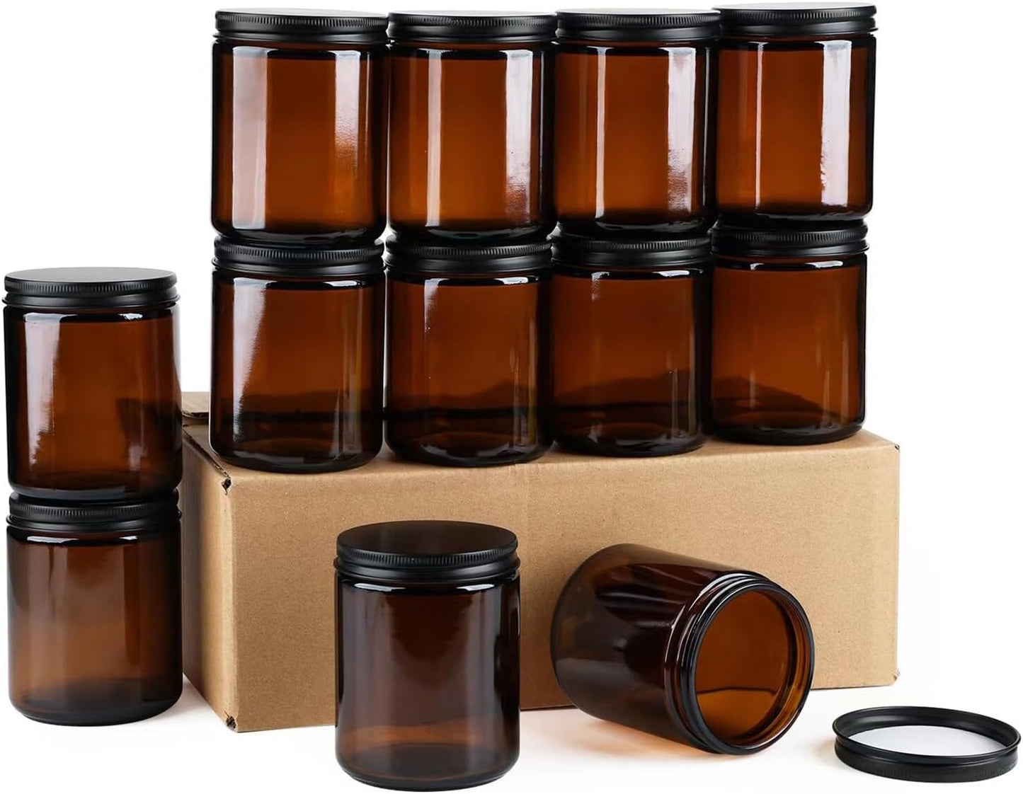 Amber Glass Jars - 12 Pack 8 Oz Leakproof Storage Containers with Black Metal Lids | Perfect for Spices & Liquids