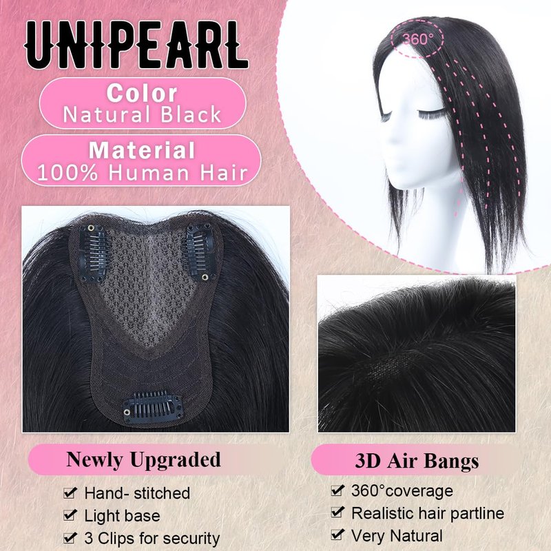 Unipearl Hair Toppers for Women Real Human Hair 12 Inch 360° Cover Remy Human Hair Topper for Women with Thinning Realistic Scalp Clip in Pieces Straight Hair (Natural Black, Side Bangs)