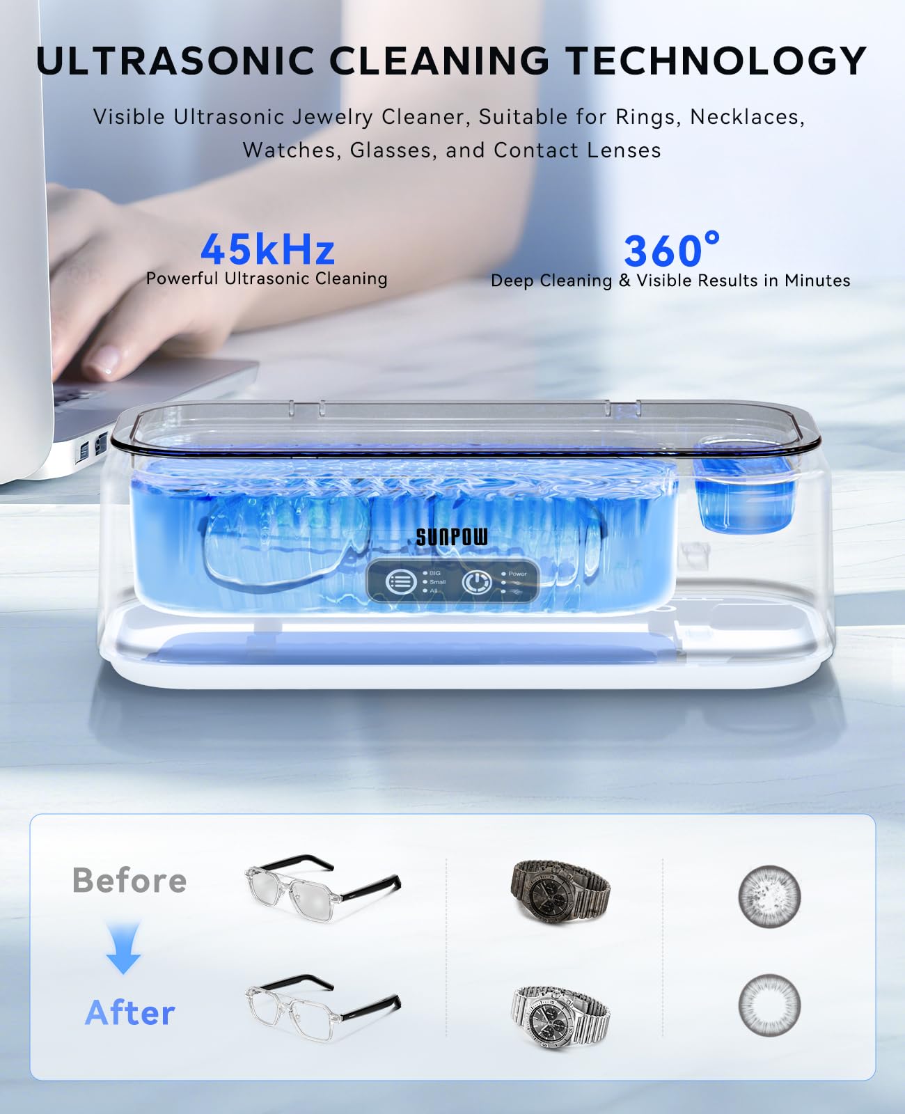 SUNPOW Ultrasonic Jewelry Cleaner Machine – Dual Frequency Dual Tank for Jewellery & Contact Lenses, 45kHz Sonic Jewellery Cleaner Machine, Deep Cleaning, Quiet