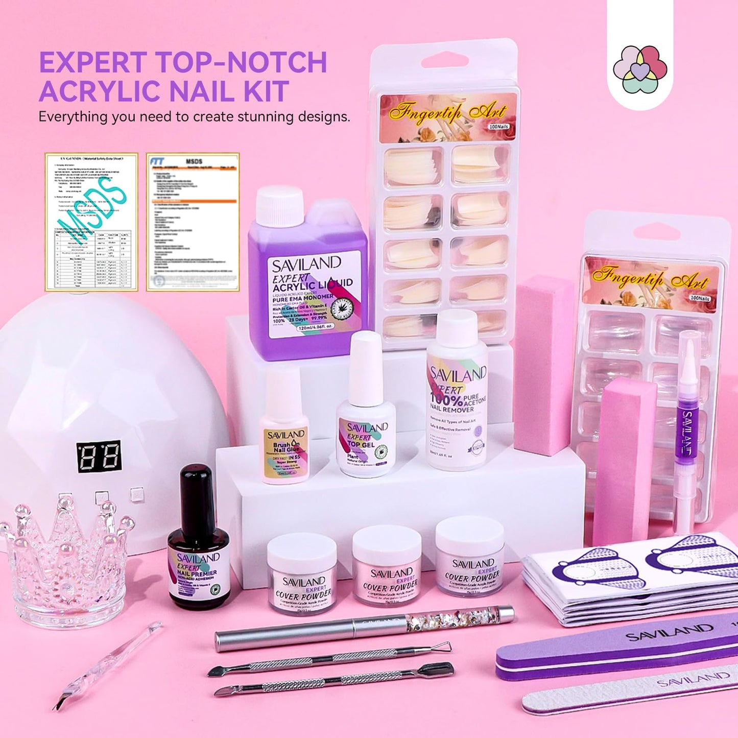 SAVILAND Acrylic Nail Kit: Professional Nails Kit Set Clear White Pink Acrylic Powder and Liquid Set with U V Nail Lamp Nail Remover for DIY Home Use