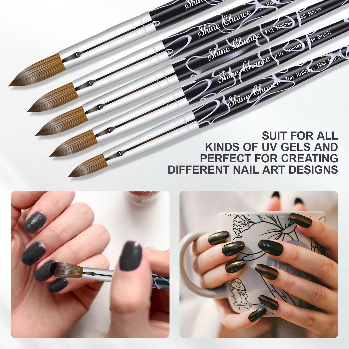 Shine Chance 2Pcs Acrylic Nail Art Brushes Size 8 12, 100% Pure Kolinsky Hair Oval Nail Brush for Acrylic Application, Professional Nail Extension Manicure Tool Striping Nail Drawing Pen for Home