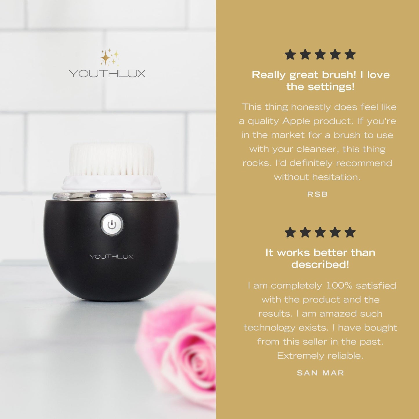 YOUTHLUX Pure Radiance, Vibrating Facial Cleansing Brush, Electric Face Scrubber, 3 Modes, 3 Brush Heads (2 Bristle,1 Silicone), Waterproof, Rechargeable, Smart Timer, Exfoliating, Massage (Black)