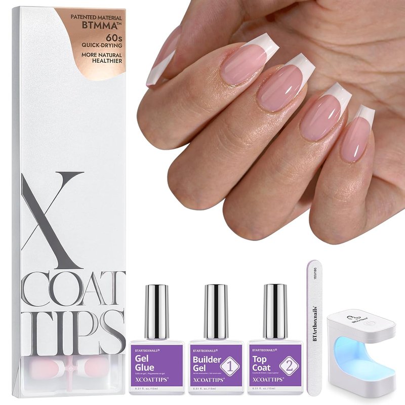 French Tip Press-On Nails - Short Coffin Nail Tips with Gel & Lamp | All-in-One Soft Gel Extension Kit