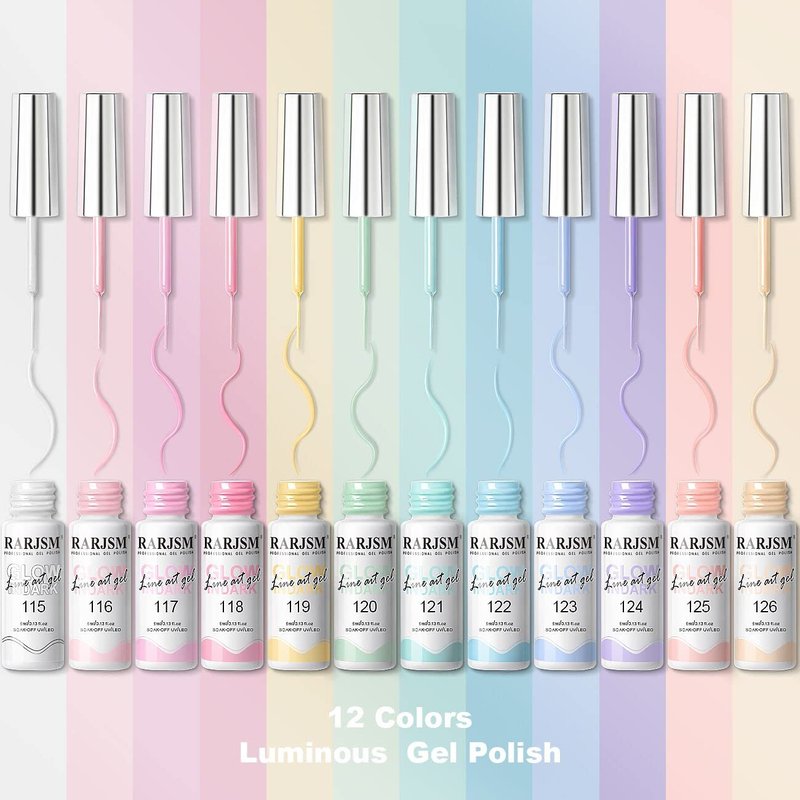 Glow in The Dark Nail Art Gel Liner Set - 12 Soft Pastel Colors for Luminous Designs | UV LED Curing Required