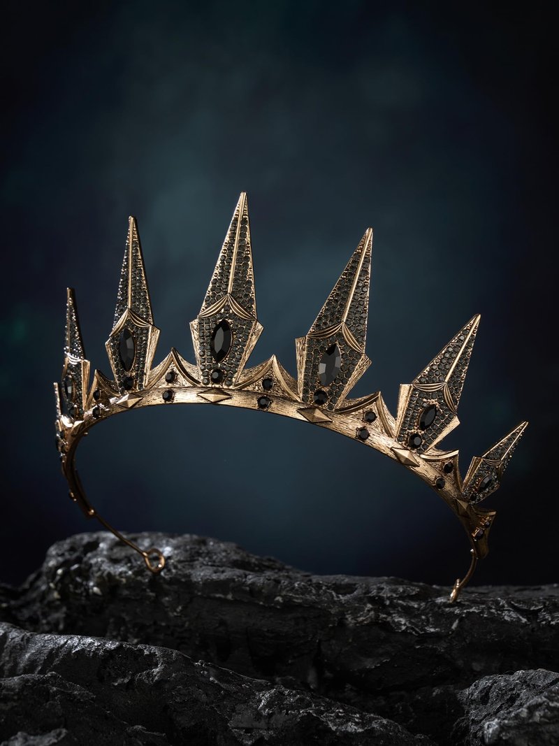 SWEETV Gothic Crowns for Women Black Tiara Queen Crown Witch Hair Accessories for Costume Halloween Prom Party, Gold
