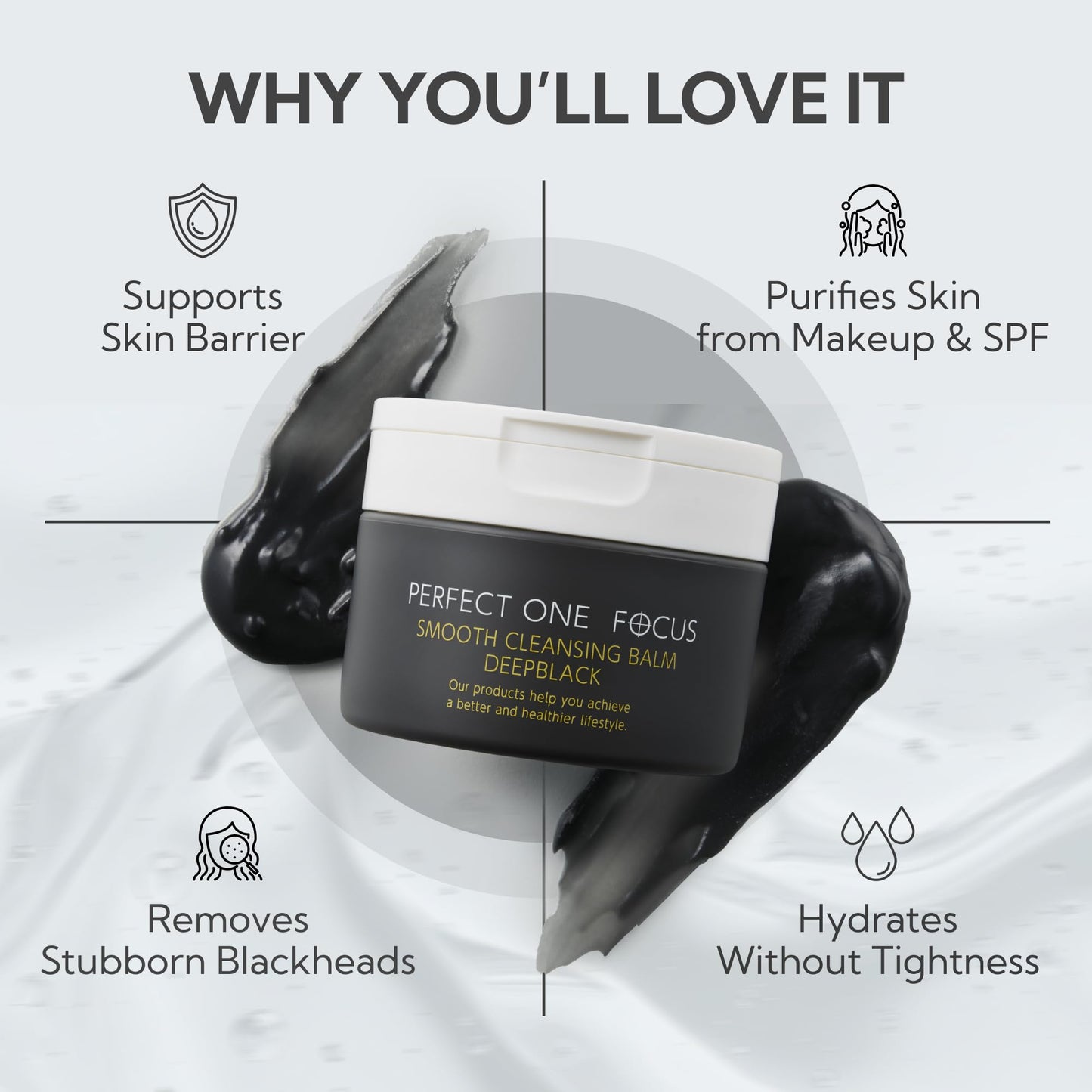 PERFECT ONE FOCUS Smooth Cleansing Balm Deep Black–Makeup Remover Balm with Charcoal & Gold Vitamin C, Helps Clear Pore Clogs,Hydrating Ceramides,Gentle Face Cleanser,Waterproof Mascara Remover–2.64oz