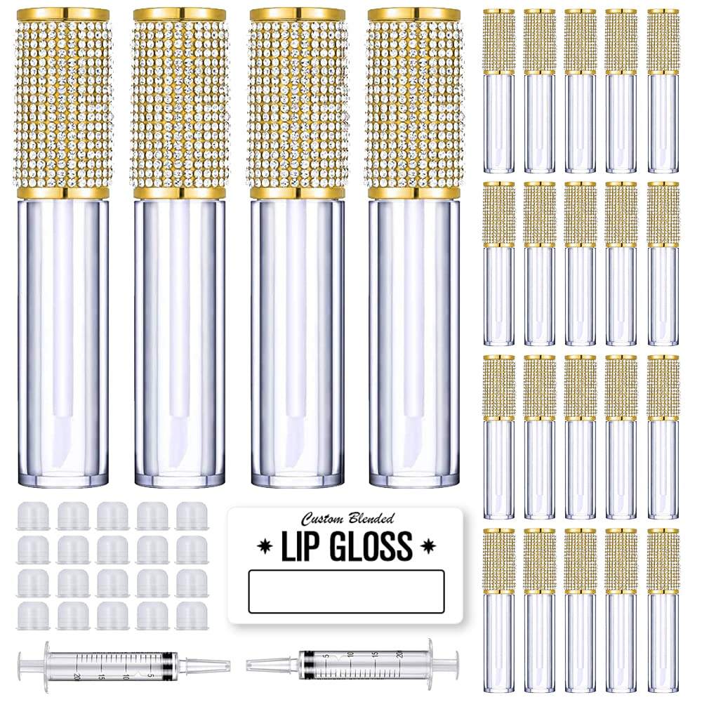 Gold Crystal Lip Gloss Tubes - 24 Pack 5ml Empty Containers with Wand, Syringes & Labels for DIY Lip Balm
