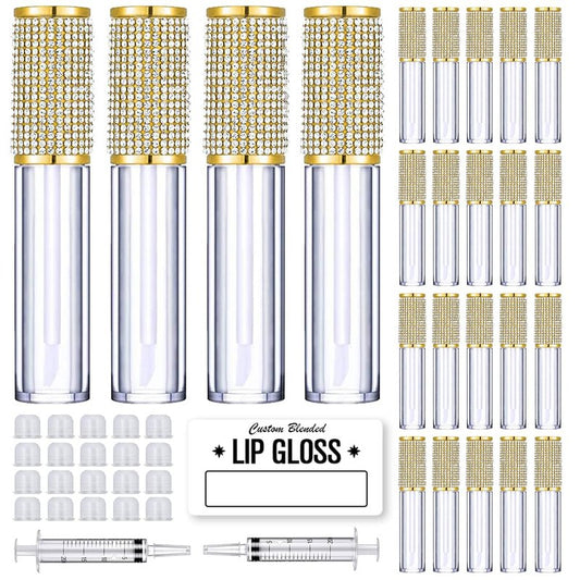 Gold Crystal Lip Gloss Tubes - 24 Pack 5ml Empty Containers with Wand, Syringes & Labels for DIY Lip Balm