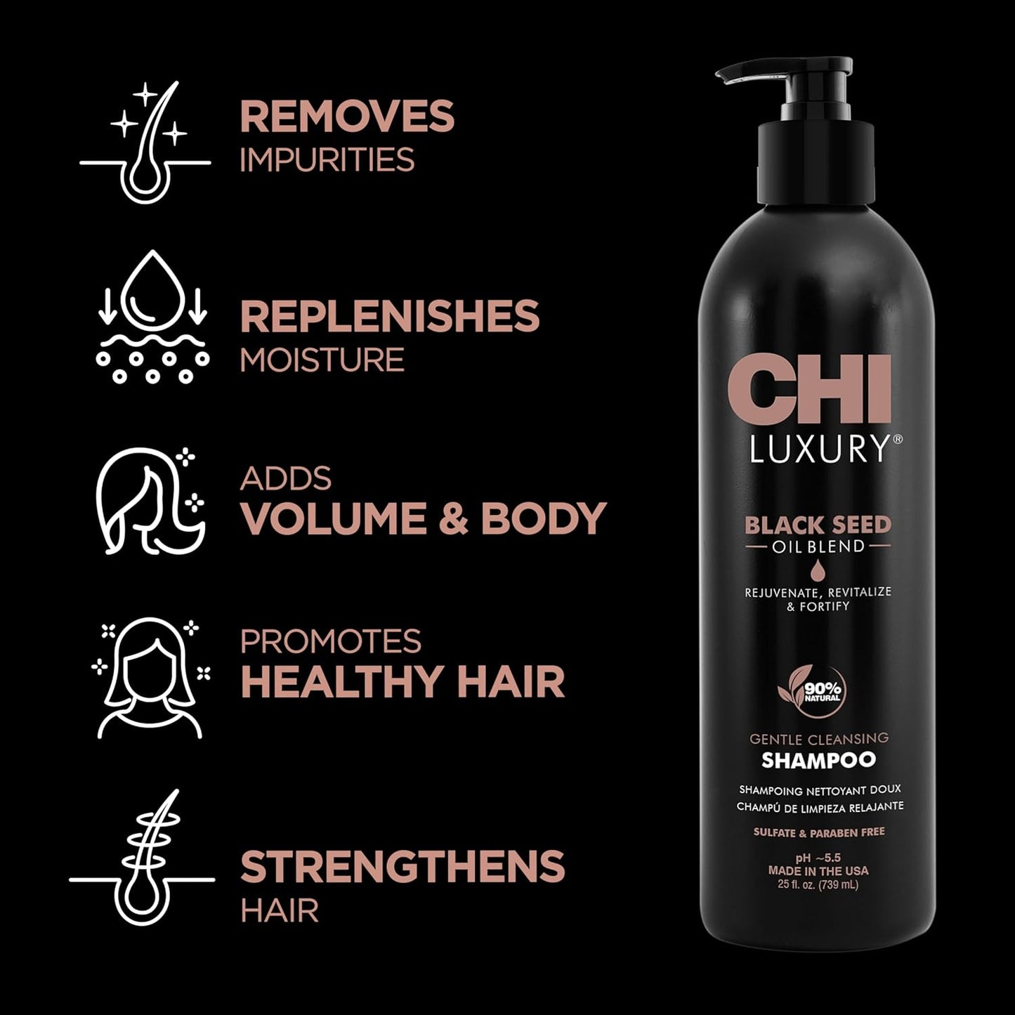 CHI Luxury Black Seed Oil Shampoo - Gentle Cleansing for Volume & Strength | 25 Oz