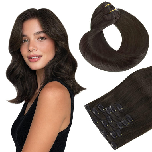 HOTBANANA Human Hair Clip in Hair Extensions, Dark Brown 75g Clip in Hair Extensions Real Human Hair Straight Remy Hair 12 Inch 7pcs