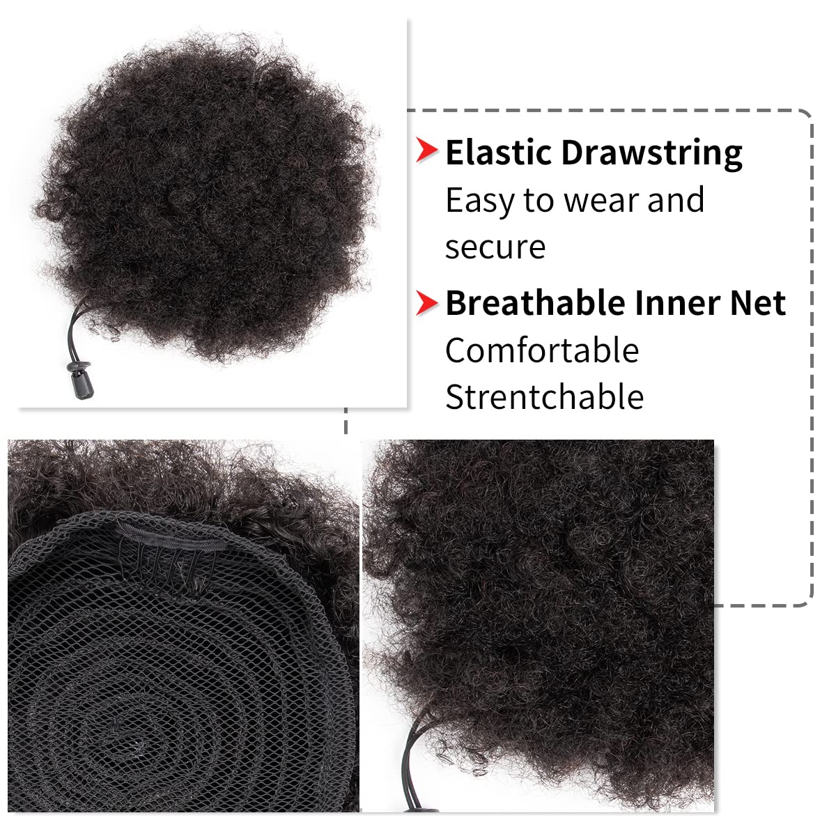 Afro Puffs Large Human Hair Buns - Natural Drawstring Ponytail Extensions | 8 Inch Natural Black for Women