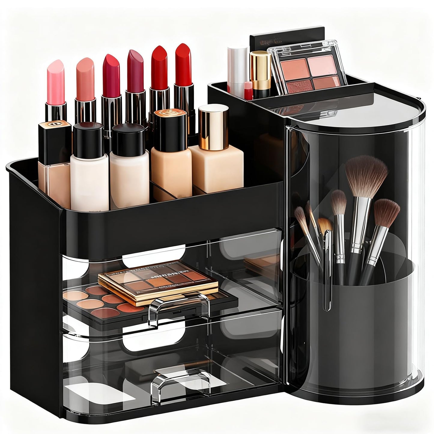Makeup Storage Box Mesh, Makeup Organizer For Vanity, Cosmetic Display Cases With Transparent Cover, Drawers, Dustproof, Portable Handle, For Vanity, Dresser, Countertop (Blak)