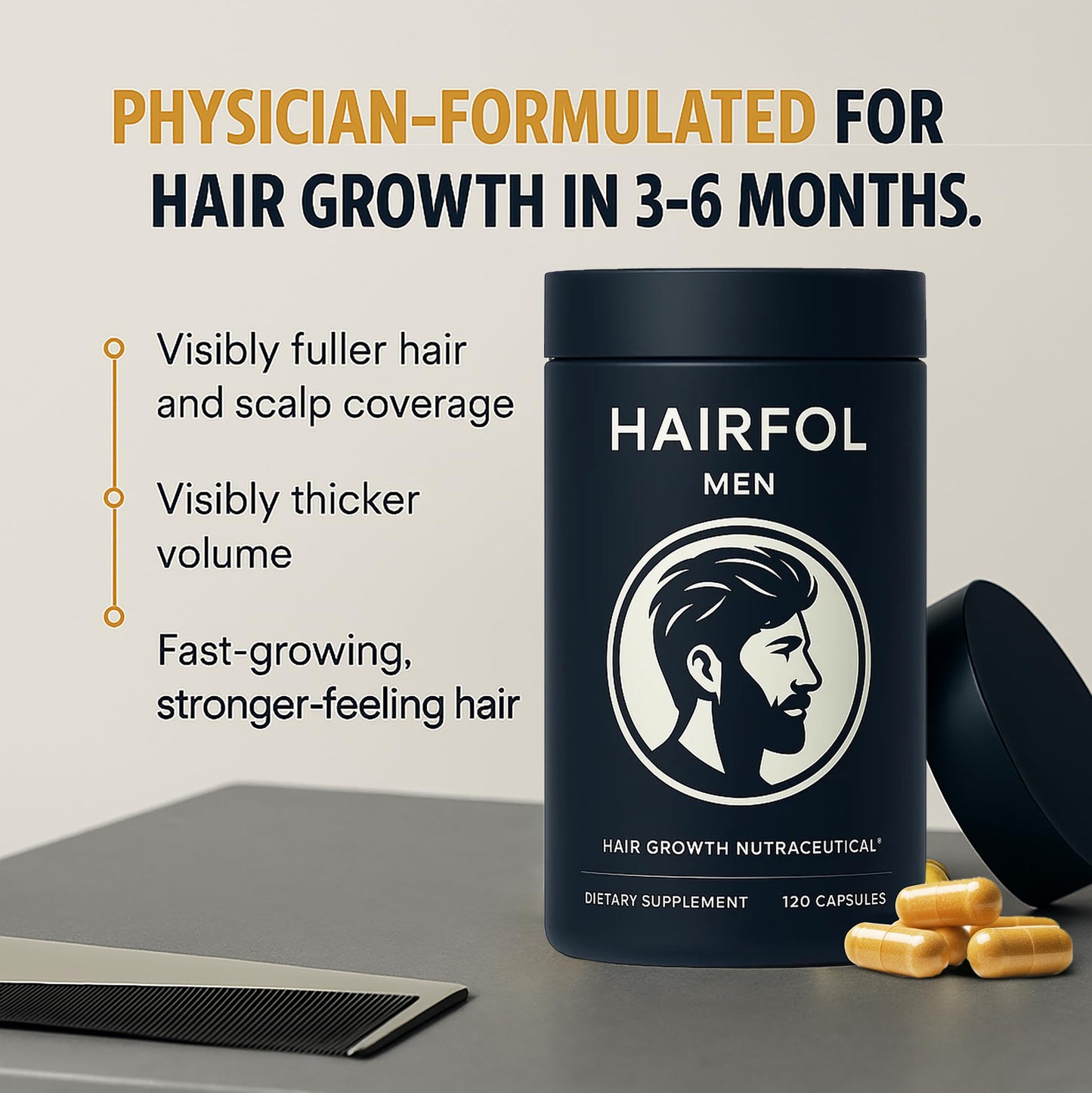 Hairfol Men's Hair Growth Supplement – Clinically Tested Hair Growth Vitamins for Men, Thicker Hair & Scalp Coverage, Hair Regrowth Support for Men – Stronger, Fuller Hair – 1 Month Supply