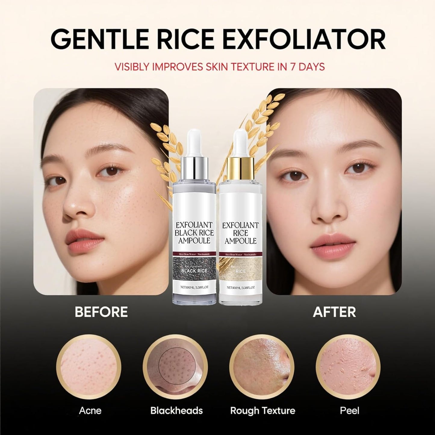 Glow Rice Ampoule Duo | Gentle Exfoliating Rice Peel for Face & Body - 2PCS, White & Black Rice, Hydrating Formula
