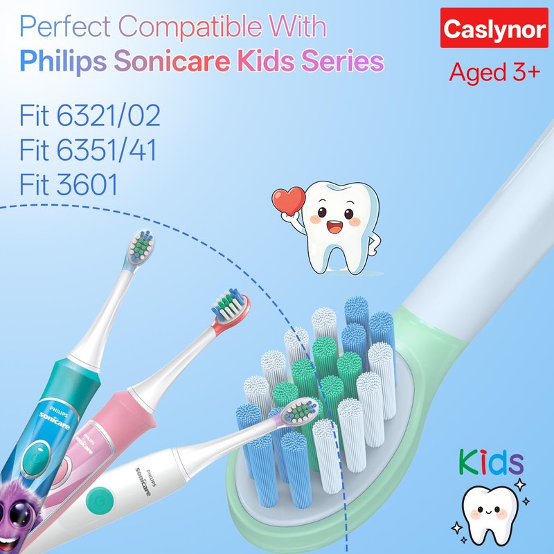 Caslynor Kids Replacement Heads Compatible with Philips Sonicare Kids, Compact Size, Extra Soft Bristles Toothbrush Heads, Soft Rubber Cushion Back, for Kids Ages 3+, 8 Pack
