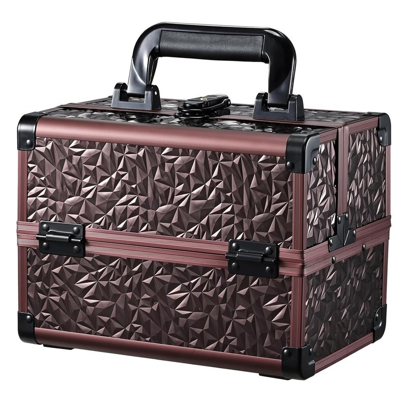 Makeup Train Case Organizer - Portable Cosmetic Storage Box with Mirror & Locking - Dark Brown, 2 Trays for Professionals