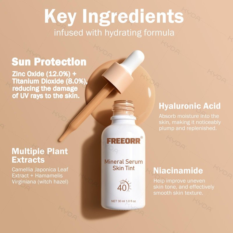 KYDA Skin Tint with SPF 40, Tinted Mineral Sunscreen Serum with Zinc Oxide,Tinted SPF Serum Foundation,Long Lasting Buildable Coverage like Foundation-1 Fl Oz, Nude Beige