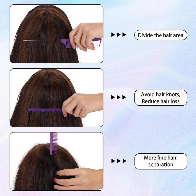 Uiifan 90 Pcs Hair Rat Tail Combs Metal Long Steel Pin Parting Comb Carbon Fiber Teasing Detangling Fine Tooth Comb for Braids Women Men Salon Hair Stylist, Black, Purple and Pink