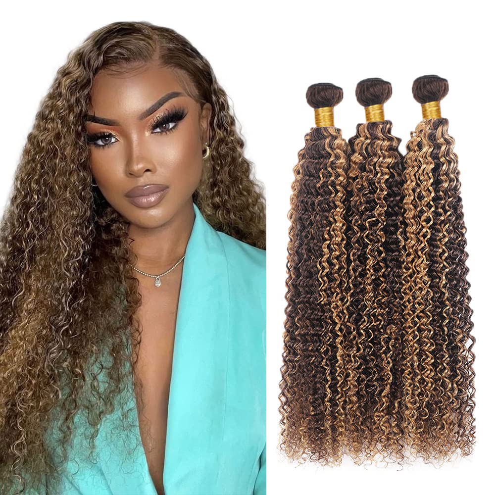 26 28 30 Inch P4/27 Human Hair Bundles Highlight Kinky Curly Bundles 8A Brazilian Virgin Remy Human Hair Extensions 2 Tone Color #4 Bundles Mixed Color #27 Bundles Human Hair Weave
