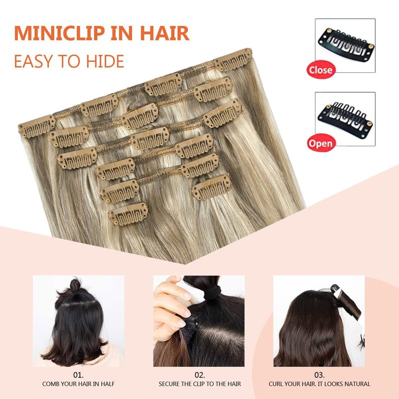 UGOTRAYS Clip in Hair Extensions Real Human Hair - 15 inch 70g Ash Blonde Mixed Bleach Blonde Straight 7pcs Double Weft - 100% Remy Human Hair Extensions #18p613 15inches