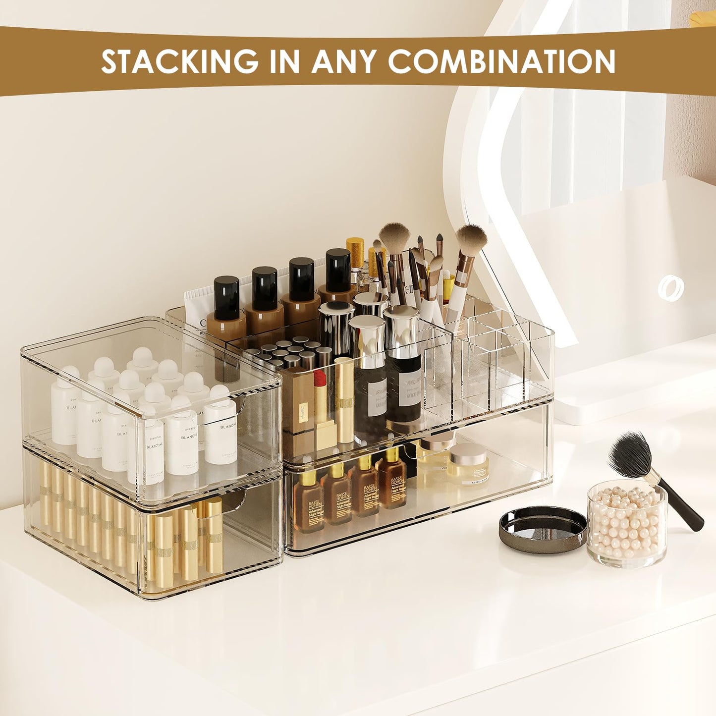 WRONWA 3 Tier Clear Makeup Organizer Countertop, Acrylic Makeup Organizers, Makeup Storage Organizer for Vanity Bathroom, Holders for Lipstick Brush Skincare