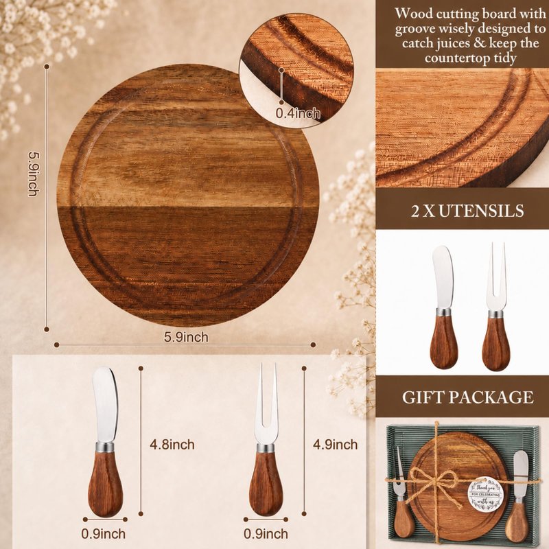 Maxcheck 1 Set Baby Shower Bridal Game Prizes for Winners Round Cheese Board Set Wood Mini Charcuterie Board with Knives and Forks Thank You Card with Gift Box for Guests Wedding (Acacia)