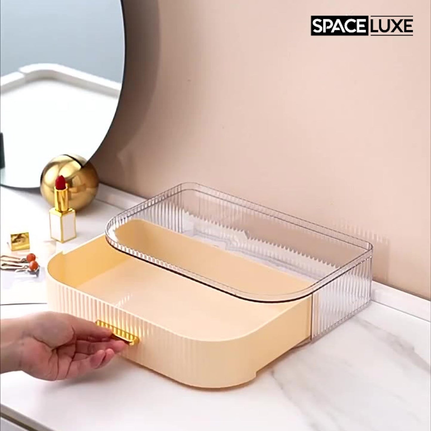 SpaceLuxe Makeup Organizer with Drawers, 360° Rotating Brush Holder