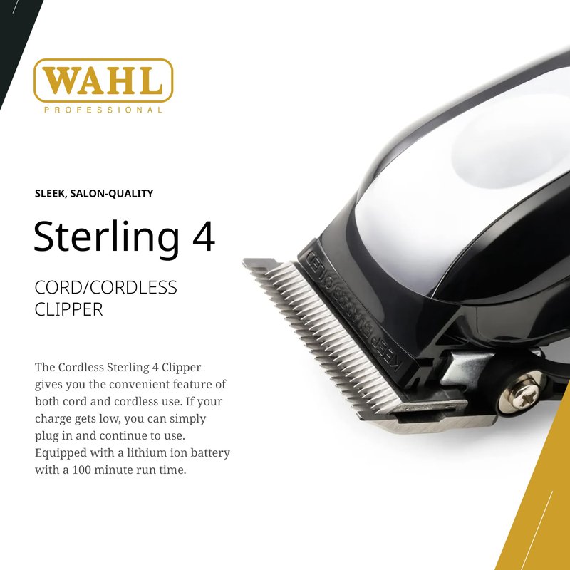 Wahl Professional Cordless Sterling 4 Clipper, Lithium-Ion, 100-Minute Run Time, Taper Lever, 8 Cutting Guides