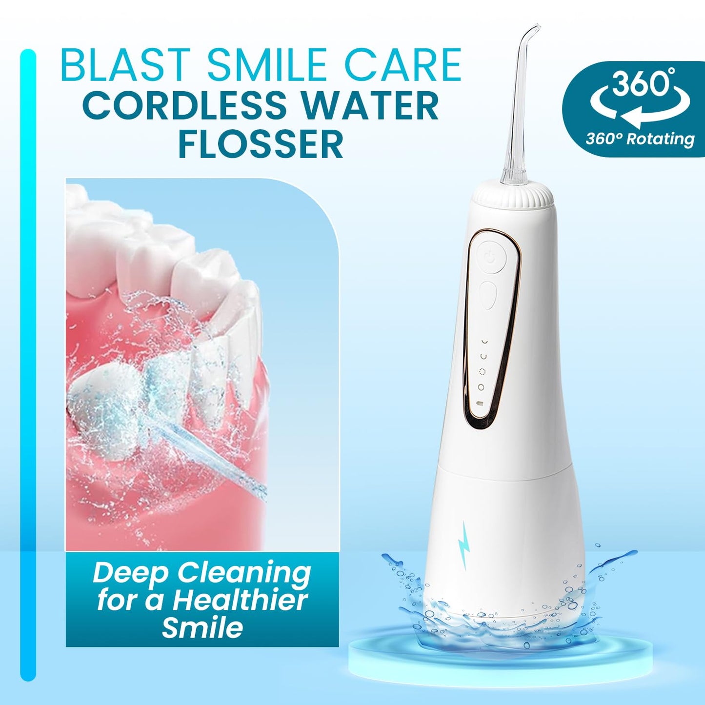 Blast Smile Care Cordless Water Flosser with 360° Rotating Tip for Easy Reach - Water Dental Flosser for Braces & Dental Care - Electric Water Flosser with USB Charger, Ideal for Travel & Everyday Use