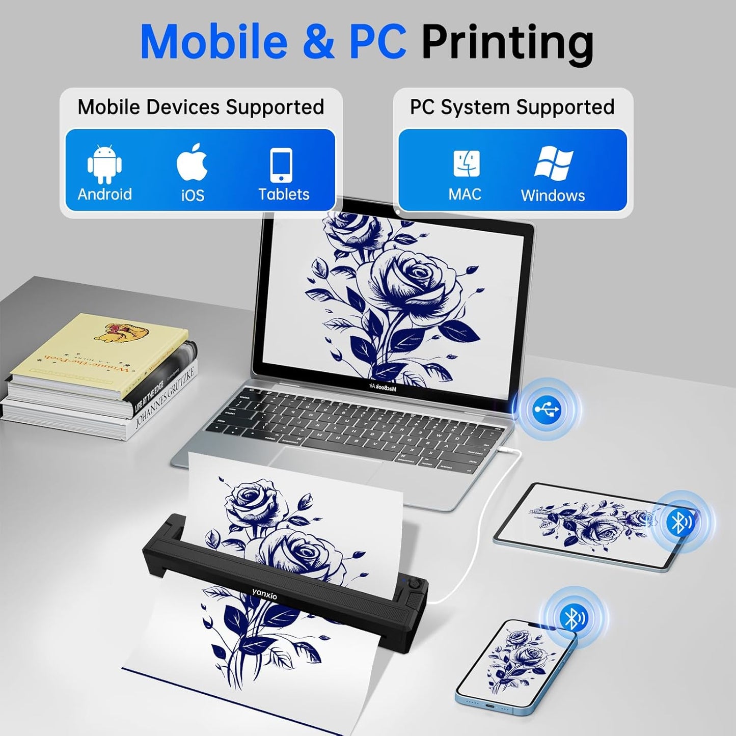 Tattoo Stencil Printer Machine - Wireless Thermal Printer for Artists | Includes 10 Thermal Papers & 3 Transfer Papers, Portable for Android, iOS, Windows, MacOS