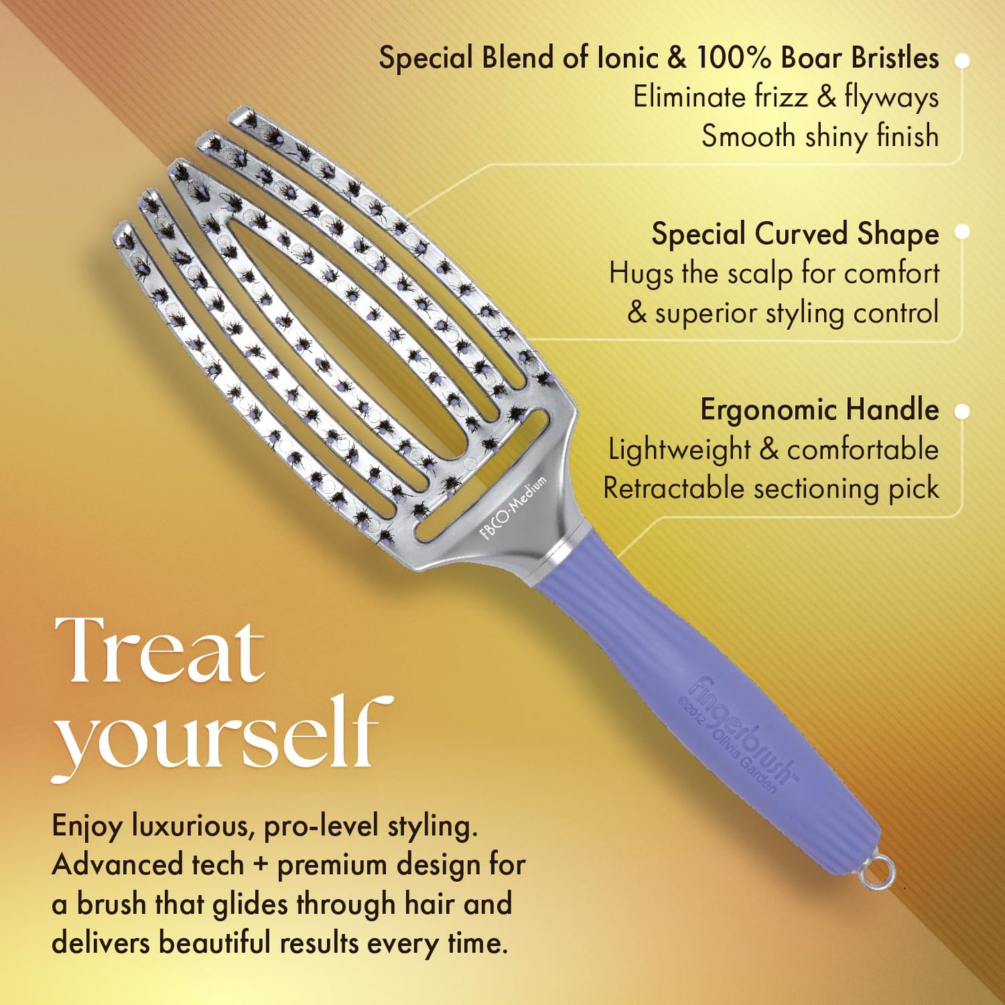 Olivia Garden Fingerbrush Combo Curved and Vented Paddle Brush for Blow Drying - Ionic and 100% Boar Bristles - For All Hair Types, Medium