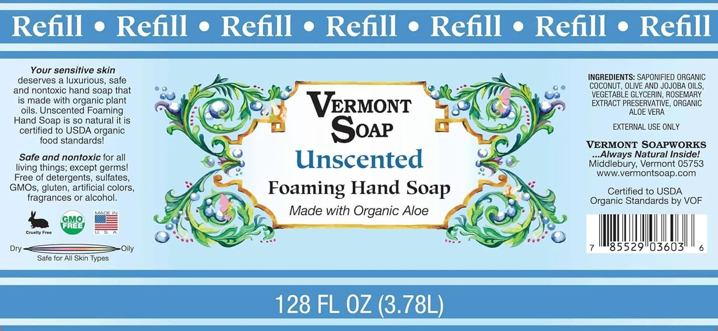 VERMONT SOAP Organics Foaming Hand Soap, Liquid Soap with Pre-diluted Formula - Ready to Use Simply Unscented Hand Soap With Convenient and Economical Gallon Refill Size