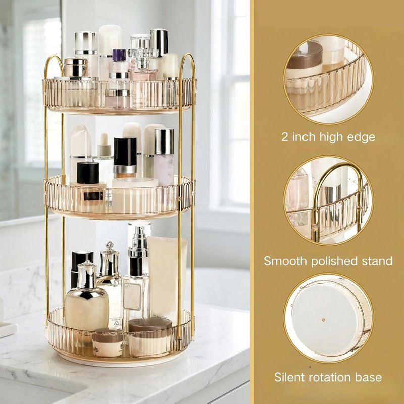 360 Rotating Makeup Organizer - 3-Tier Plastic Spinning Holder for Cosmetics & Toiletries | Large Capacity Countertop Shelf