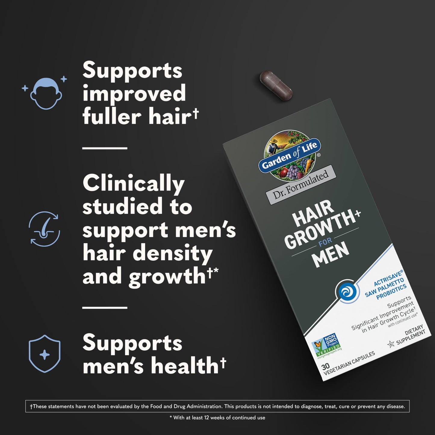 Garden of Life Dr. Formulated Men's Hair Growth Capsules – Saw Palmetto, Black Rice & Prickly Pear – Men's Hair Supplement, Non-GMO, Gluten-Free, 30 Capsules