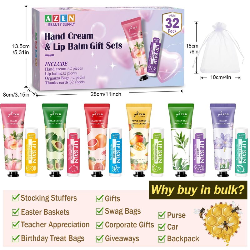 AZEN 32 Sets Bulk Gifts, Hand Cream and Lip Balm Bulk Set with Organza Bag Thank You Card, Baby Shower Wedding Gift for Guests, Bridal Wedding Favors for Guests, Mothers Day Gifts Stocking Stuffers