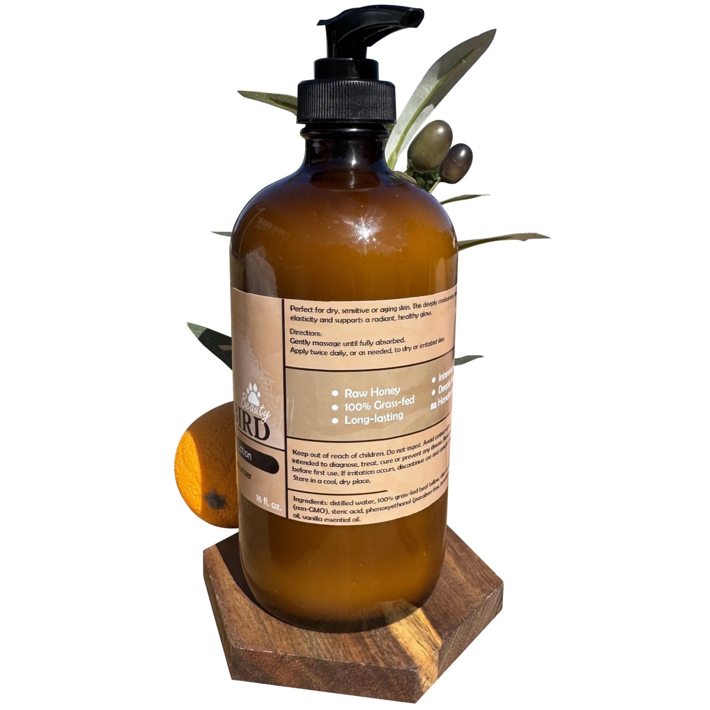 Bear Bird 100% Grass-Fed Tallow & Raw Honey Lotion with Olive Oil, Orange & Vanilla Essential Oils