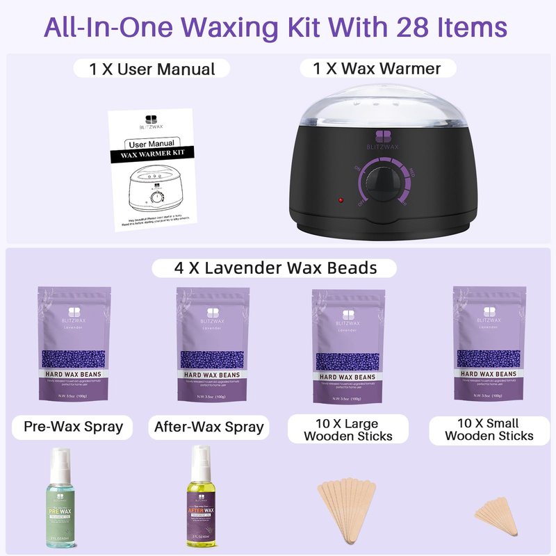 BLITZWAX Brazilian and Bikini Waxing Kit for Women, Hard Wax Warmer for Face, Legs, and Body, At Home Hair Removal Kit, Beginner Friendly, Quick Heating, 28 Accessories