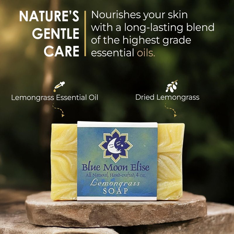 Blue Moon Elise All Natural Lemongrass Soap Bars, Scented with Premium Essential Oils, Handmade in the USA, Moisturizing and Therapeutic for Face/Body, For Sensitive Skin, For Men and Women (3 Pack)